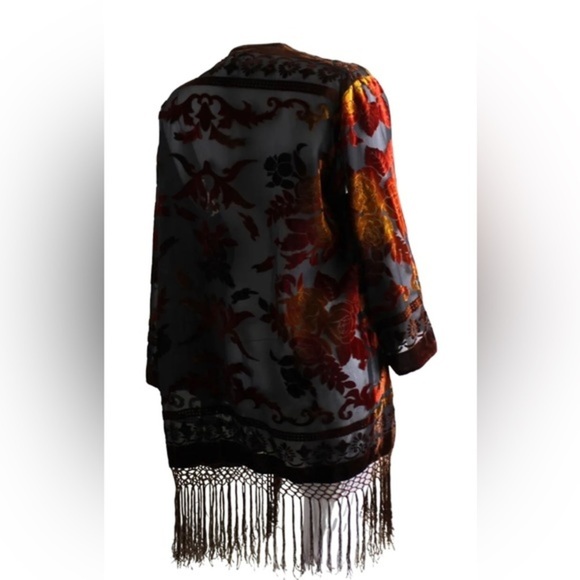 CHICO’S (Size S/M) Kimono Rust Velvet with Fringe Dolman Sleeves - Picture 5 of 9